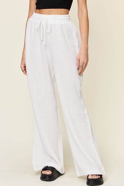 Double Take Full Size Texture Drawstring Wide Leg Pants White for a perfect OOTD – dress to impress outfits from Amexza