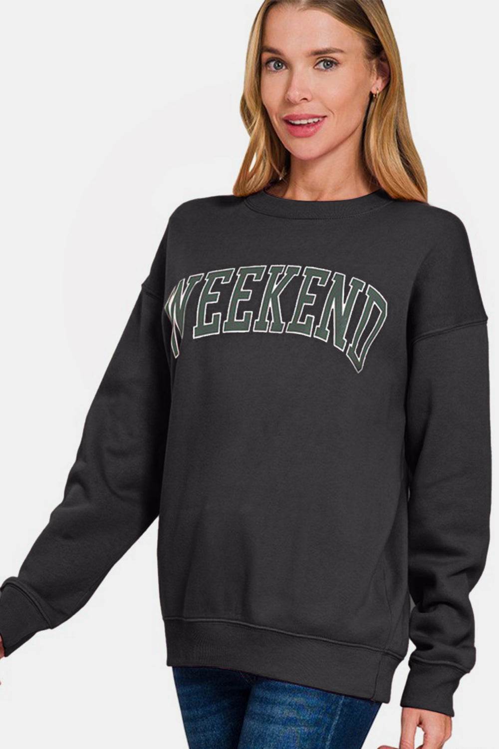 Zenana WEEKEND Round Neck Dropped Shoulder Sweatshirt for a perfect OOTD – dress to impress outfits from Amexza