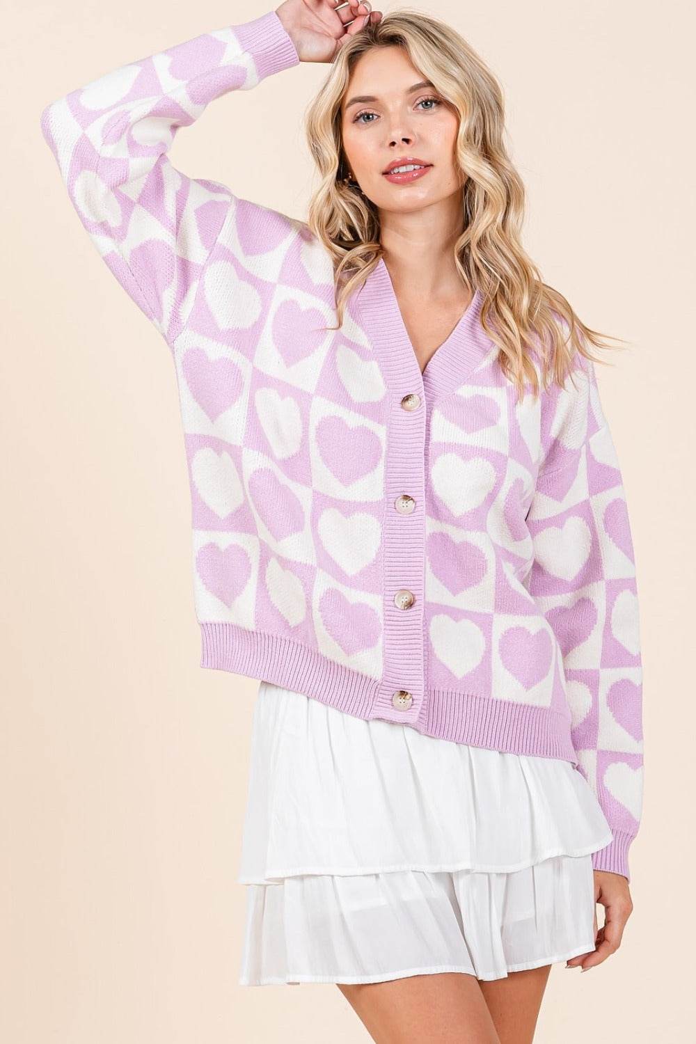 Mittoshop Checkered Heart Button Down Cardigan Lilac for a perfect OOTD – dress to impress outfits from Amexza