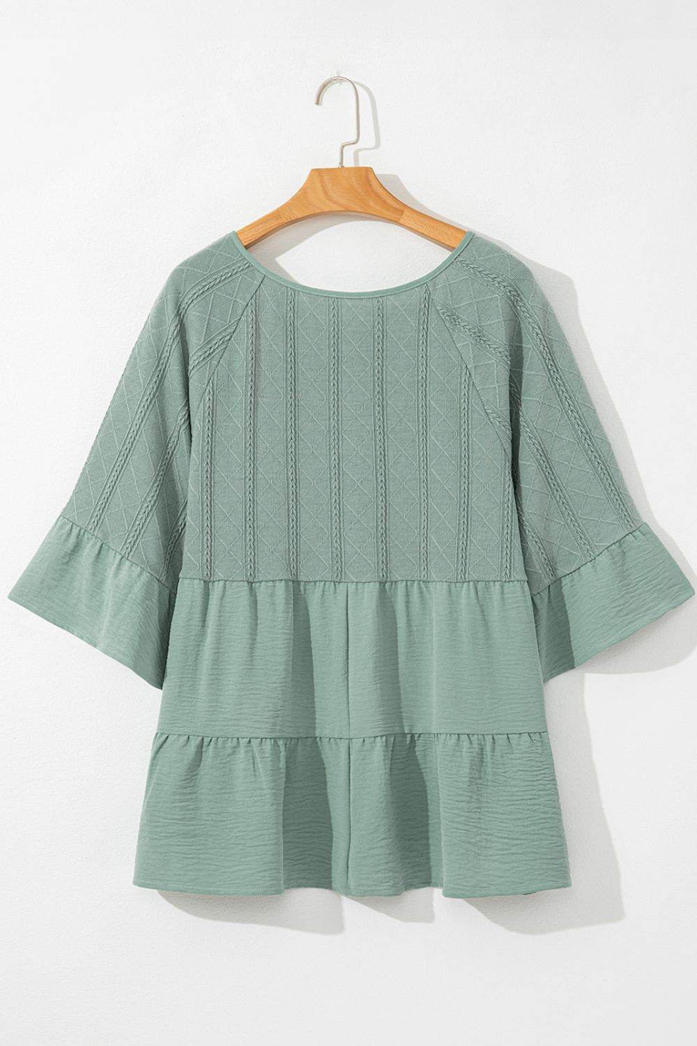 Ruffled Tie Neck Three-Quarter Sleeve Blouse for a perfect OOTD – dress to impress outfits from Amexza