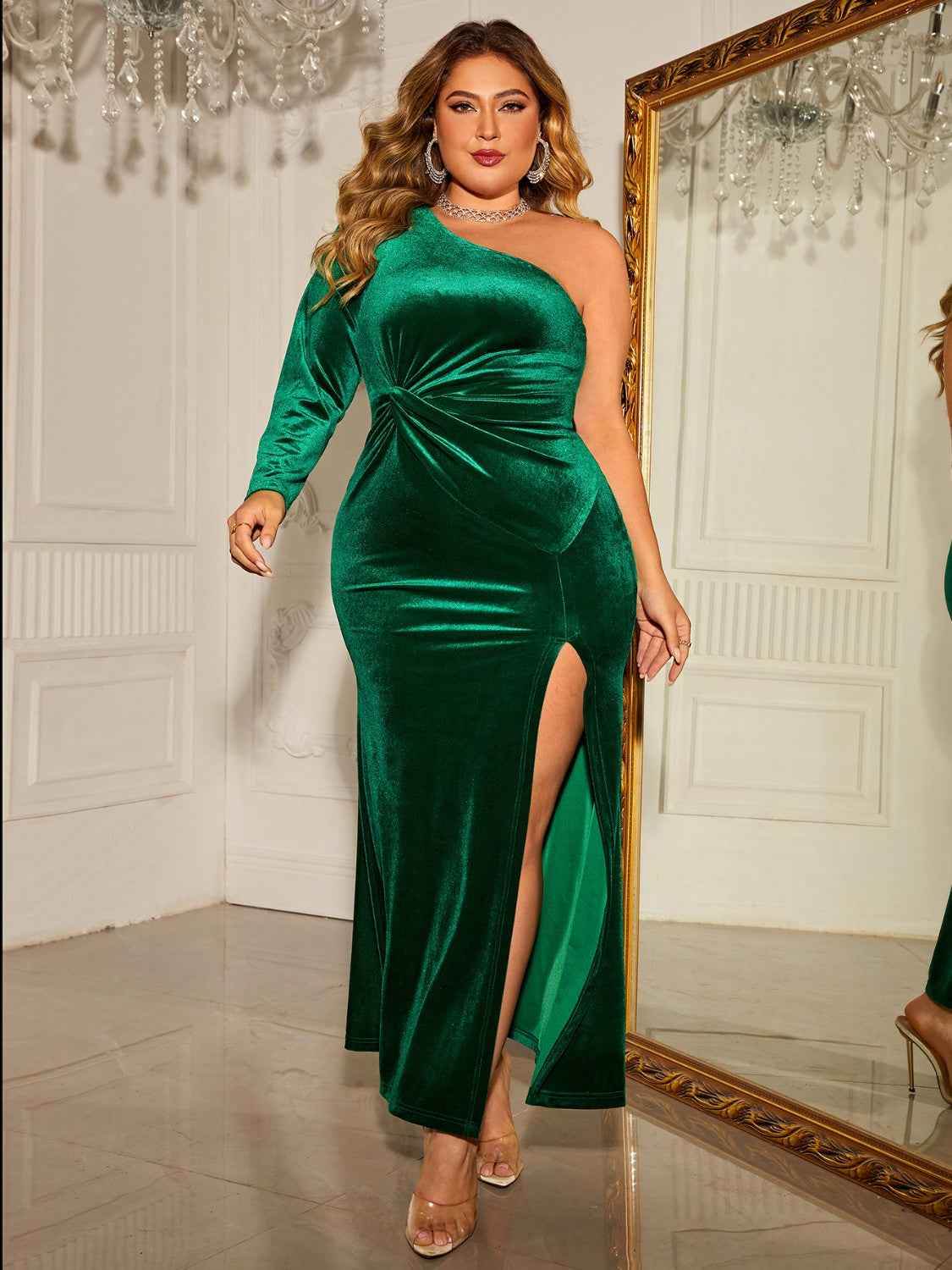 Honey Plus Size One-Shoulder Twisted Split Dress Green for a perfect OOTD – dress to impress outfits from Amexza