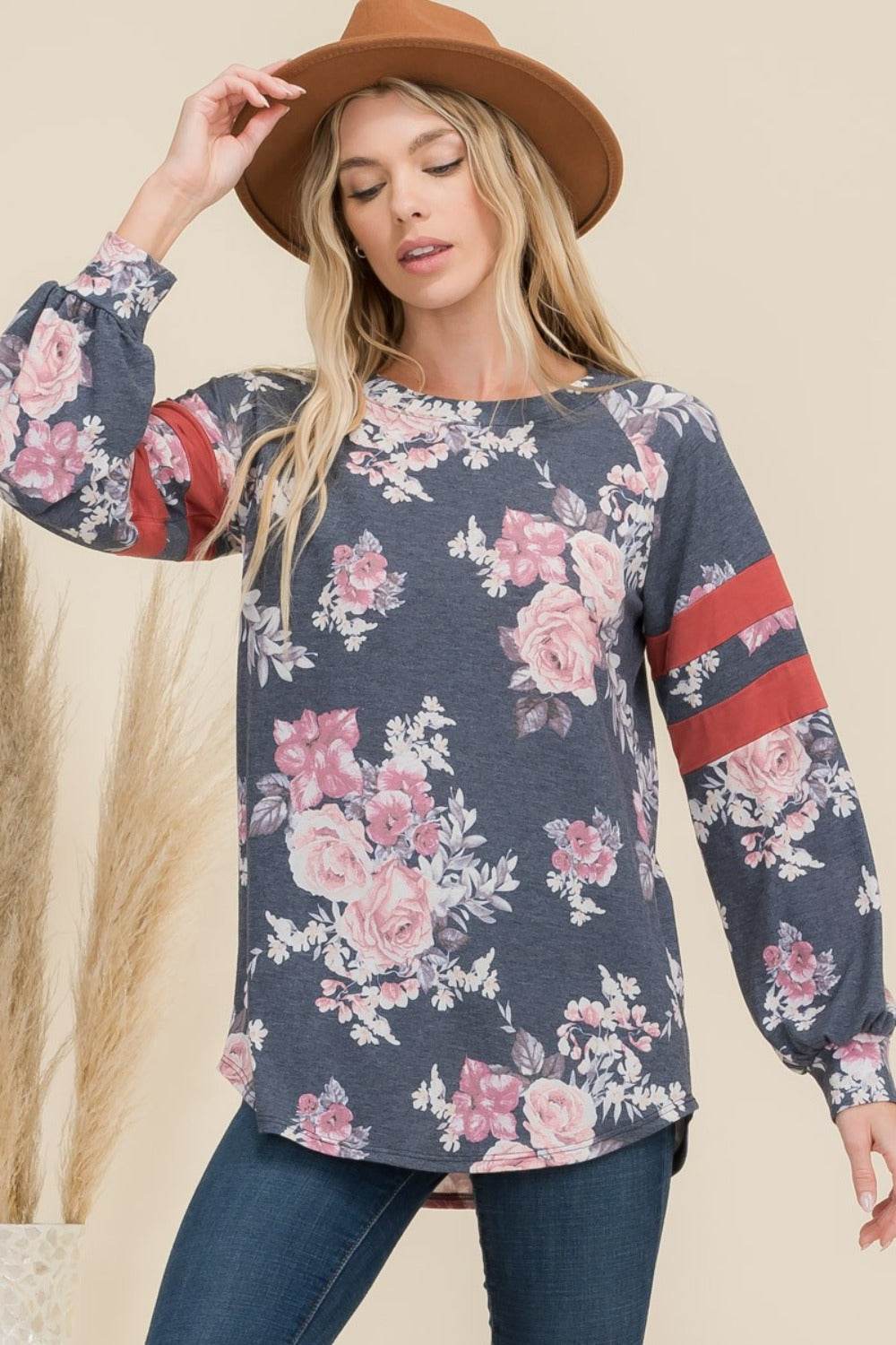 Celeste Full Size Floral Curved Hem T-Shirt with Stripe Detail Navy Floral for a perfect OOTD – dress to impress outfits from Amexza