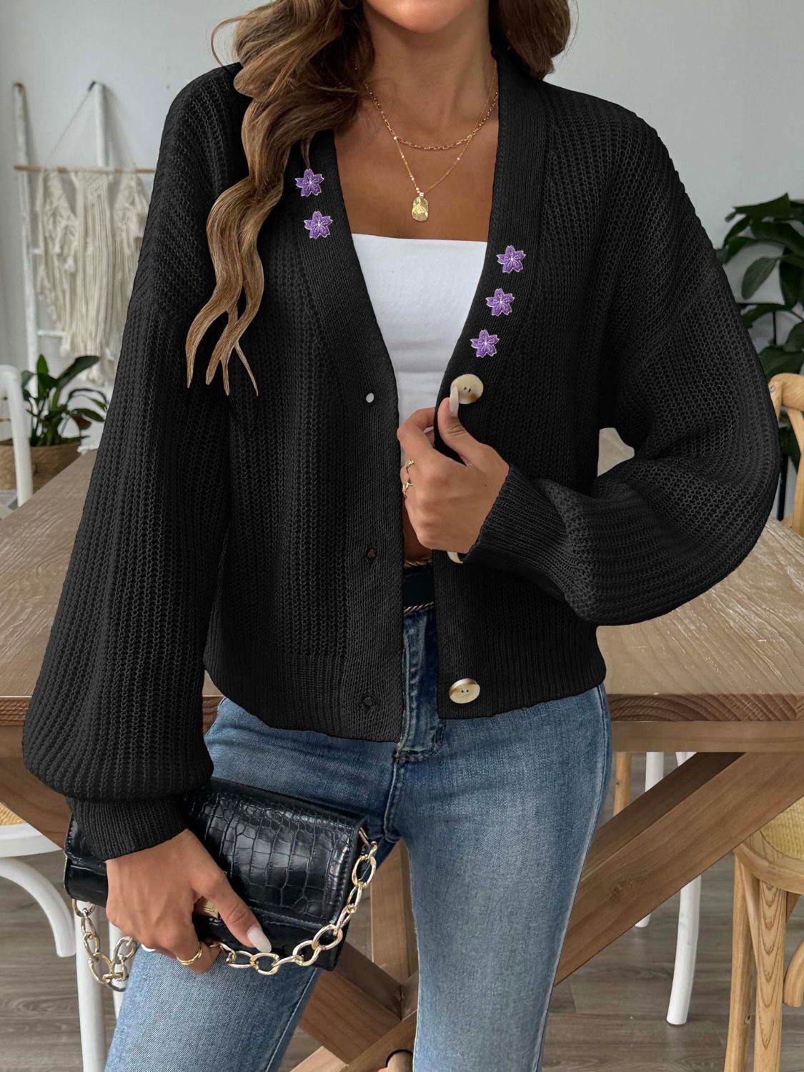 V-Neck Button Up Long Sleeve Cardigan Black for a perfect OOTD – dress to impress outfits from Amexza