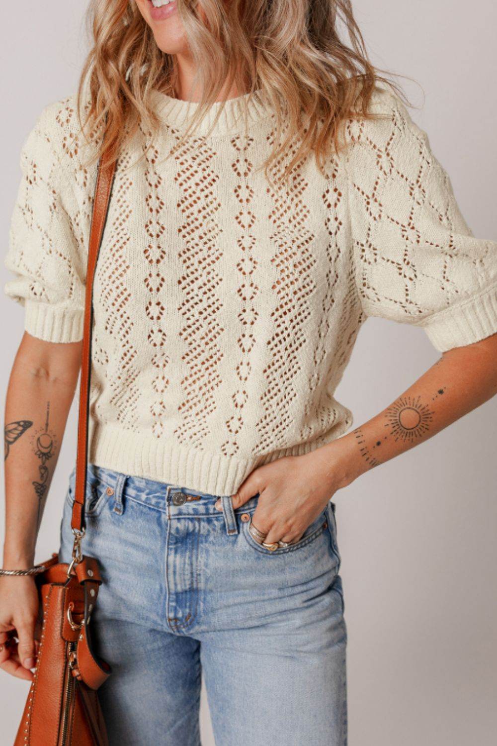 Hollowed Round Neck Half Sleeve Sweater - Amexza