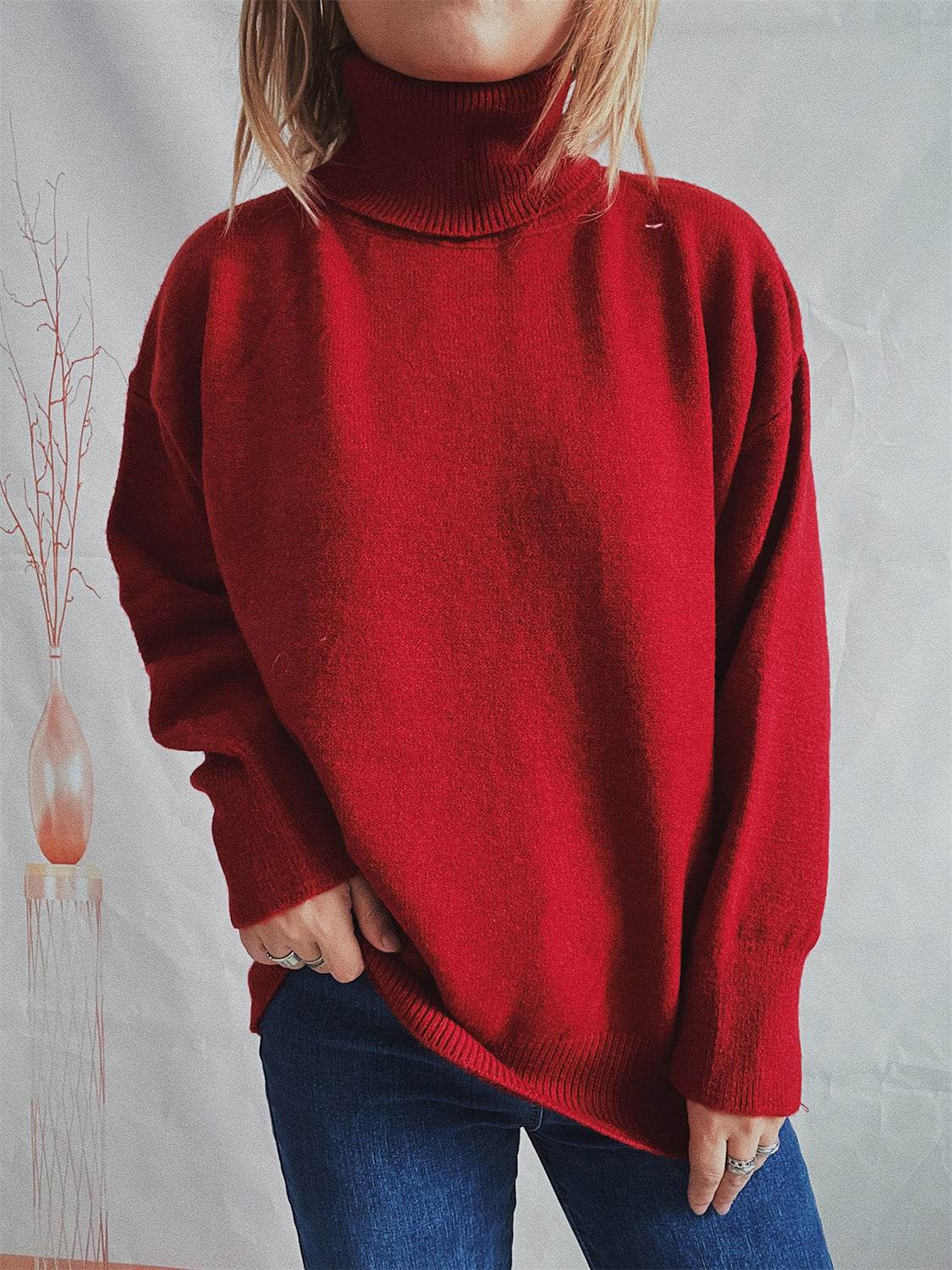 Turtleneck Long Sleeve Sweater Deep Red One Size for a perfect OOTD – dress to impress outfits from Amexza