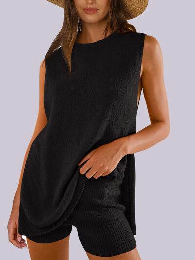 Mandy Side Slit Round Neck Tank and Shorts Sweater Set Black for a perfect OOTD – dress to impress outfits from Amexza