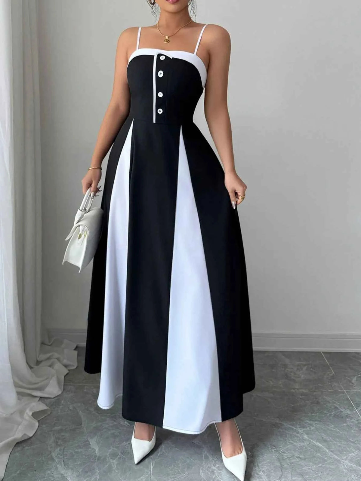 Decorative Button Contrast Maxi Cami Dress