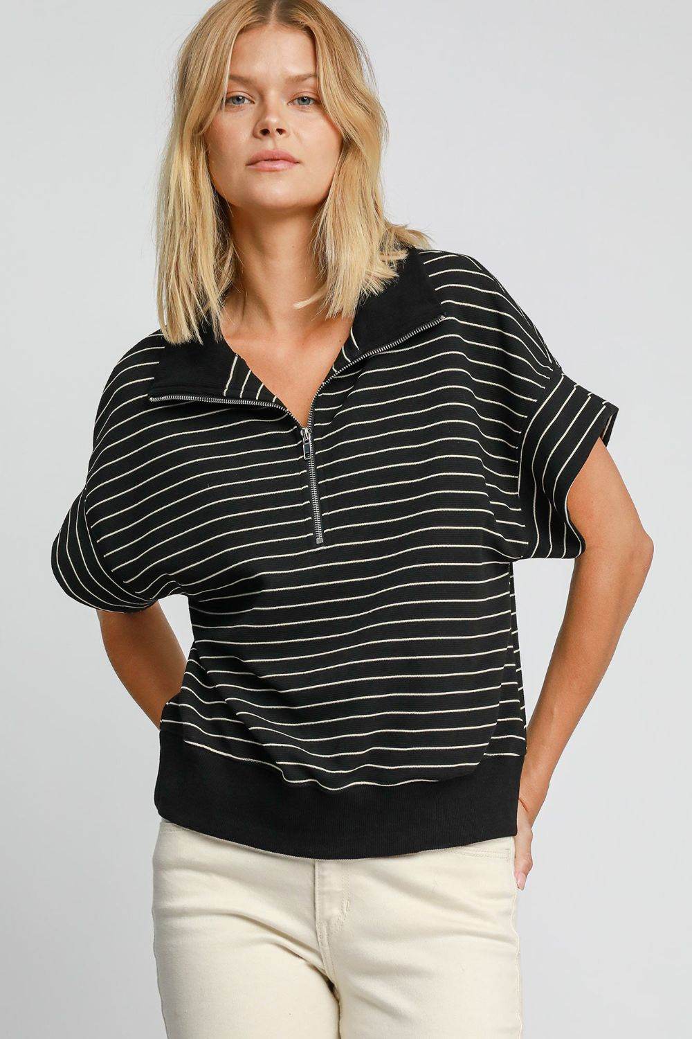 Umgee Striped Half Zip Short Sleeve Sweatshirt Black for a perfect OOTD – dress to impress outfits from Amexza