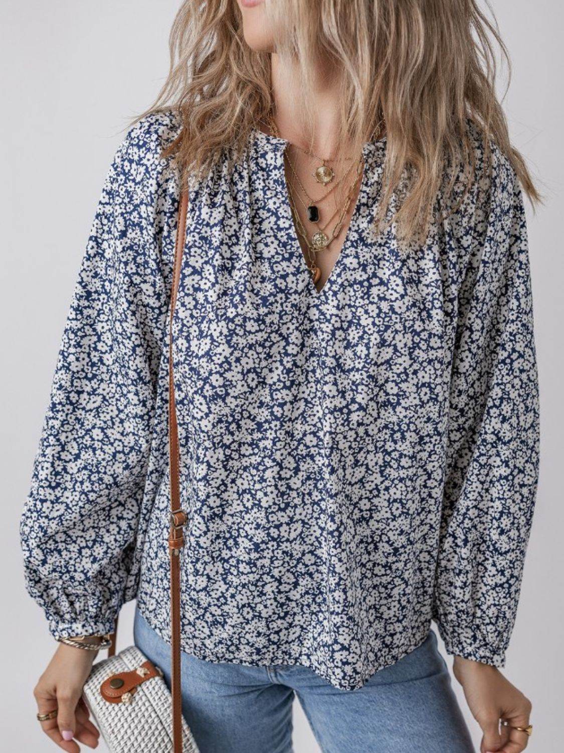 Floral Print Notched Long Sleeve Blouse Dusty Blue for a perfect OOTD – dress to impress outfits from Amexza