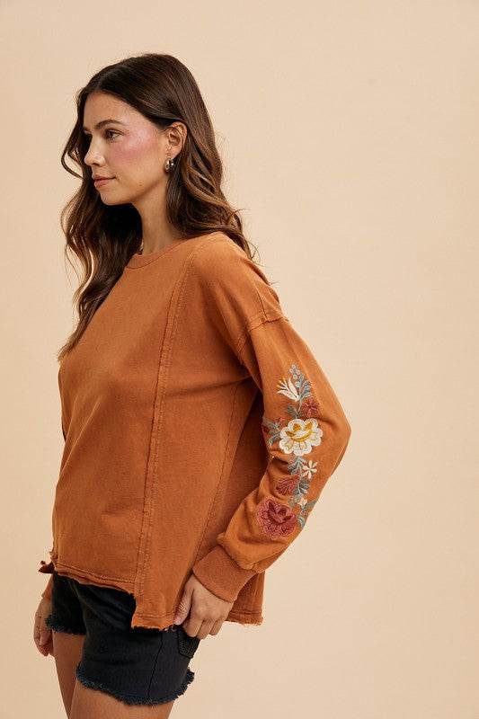 Annie Wear Embroidered Long Sleeve French Terry Top for a perfect OOTD – dress to impress outfits from Amexza