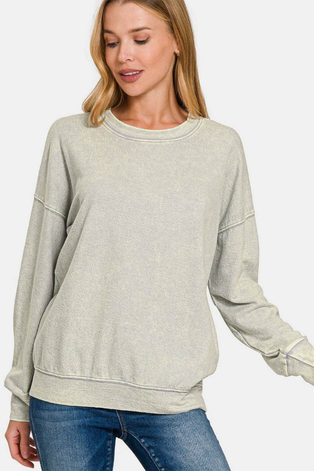 Zenana Washed Round Neck Dropped Shoulder Sweatshirt - Amexza