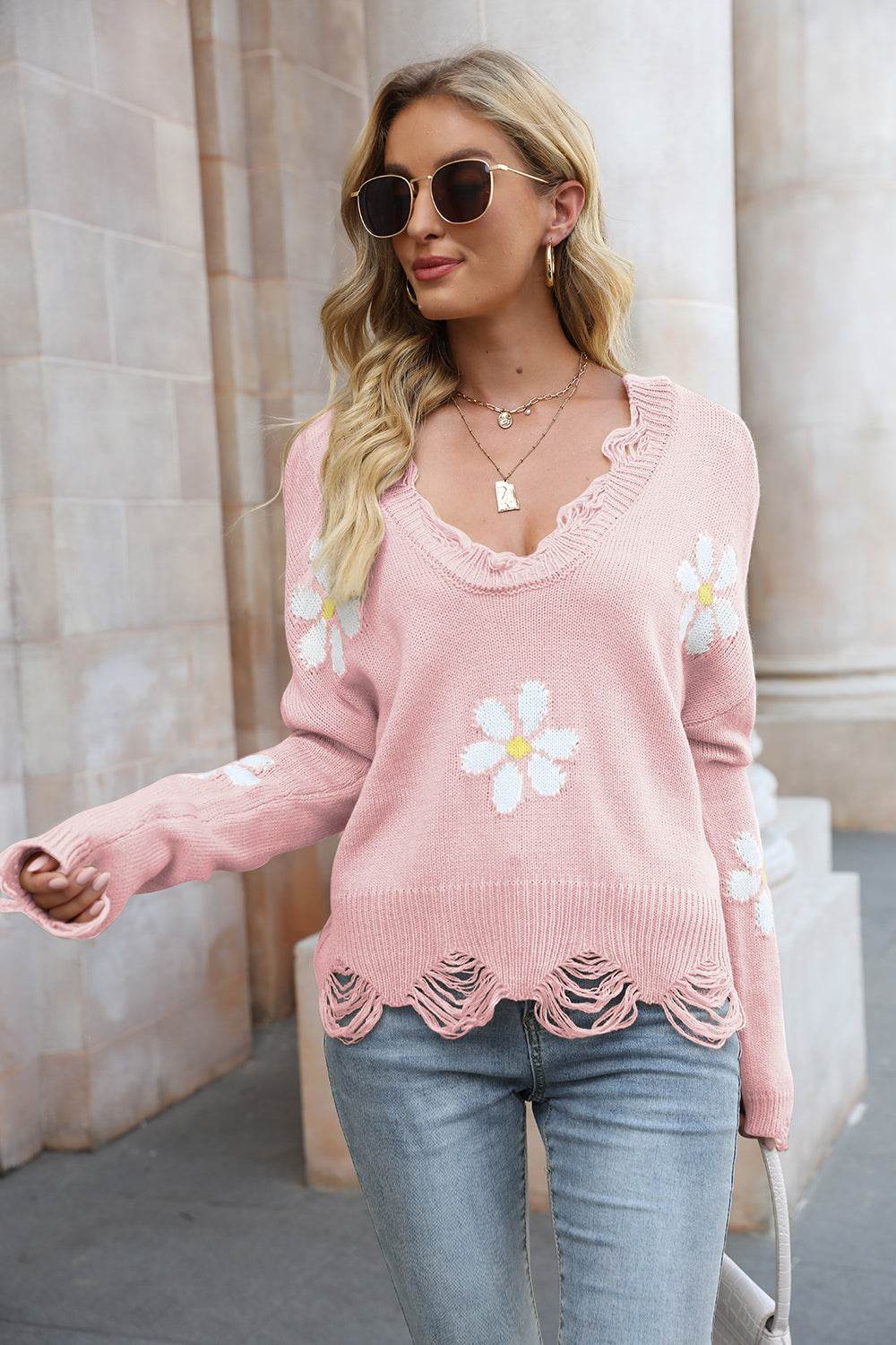 Flower Distressed Long Sleeve Sweater - Amexza