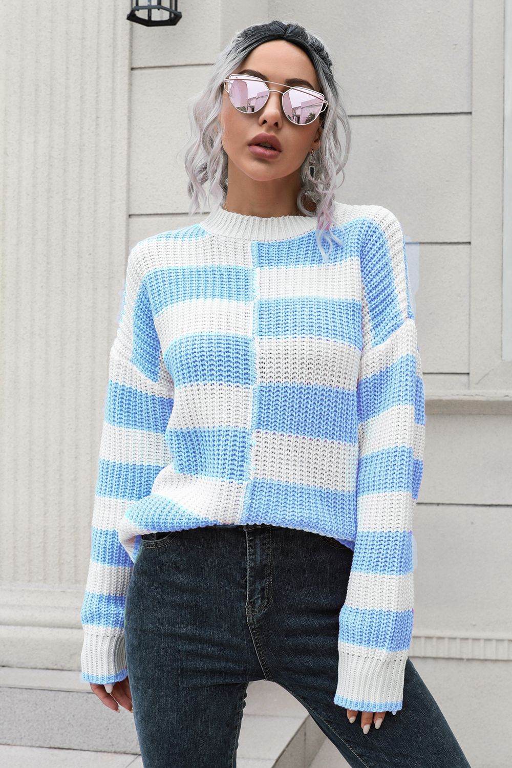 Color Block Dropped Shoulder Sweater Light Blue for a perfect OOTD – dress to impress outfits from Amexza