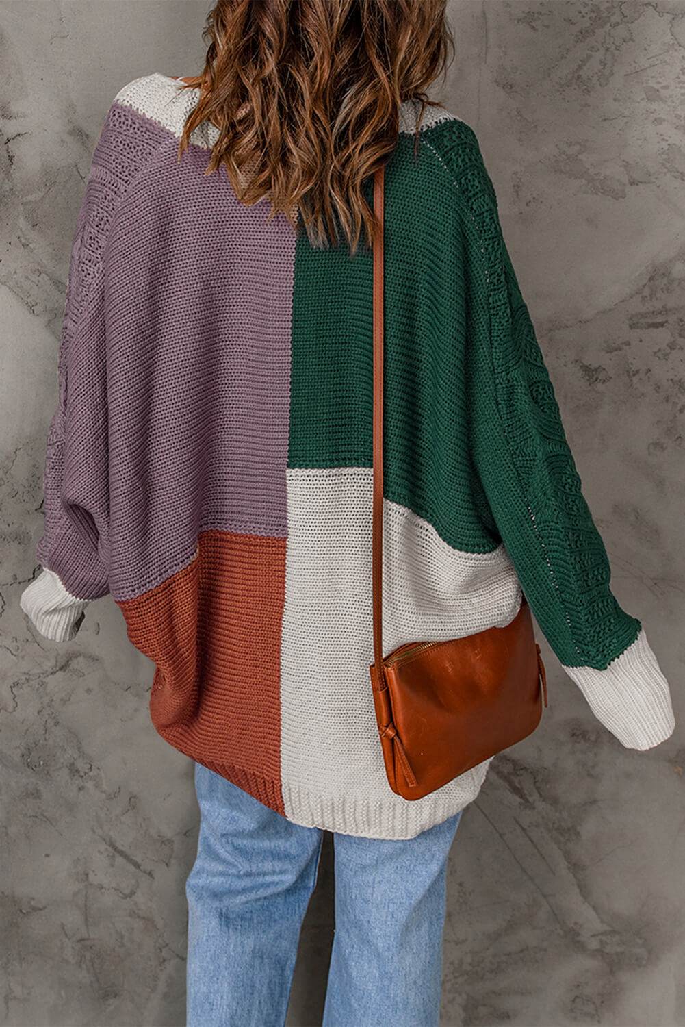 Woven Right Color Block Cable-Knit Batwing Sleeve Cardigan - Amexza