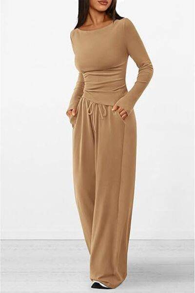 Round Neck Long Sleeve Top and Pants Set - Amexza