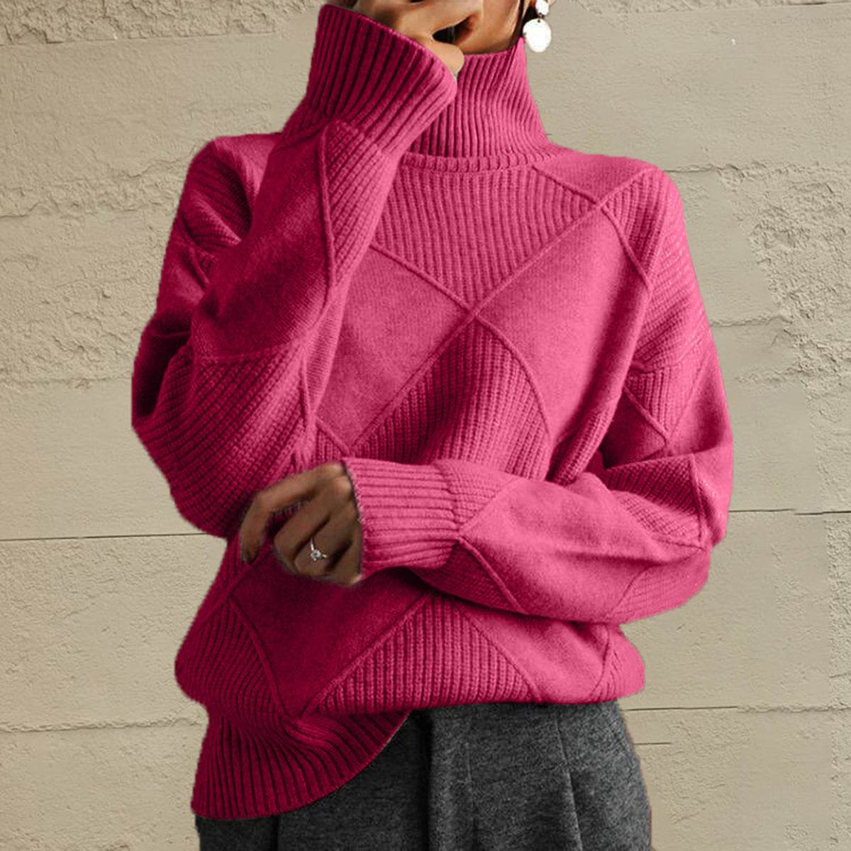 Geometric Turtleneck Long Sleeve Sweater Hot Pink for a perfect OOTD – dress to impress outfits from Amexza
