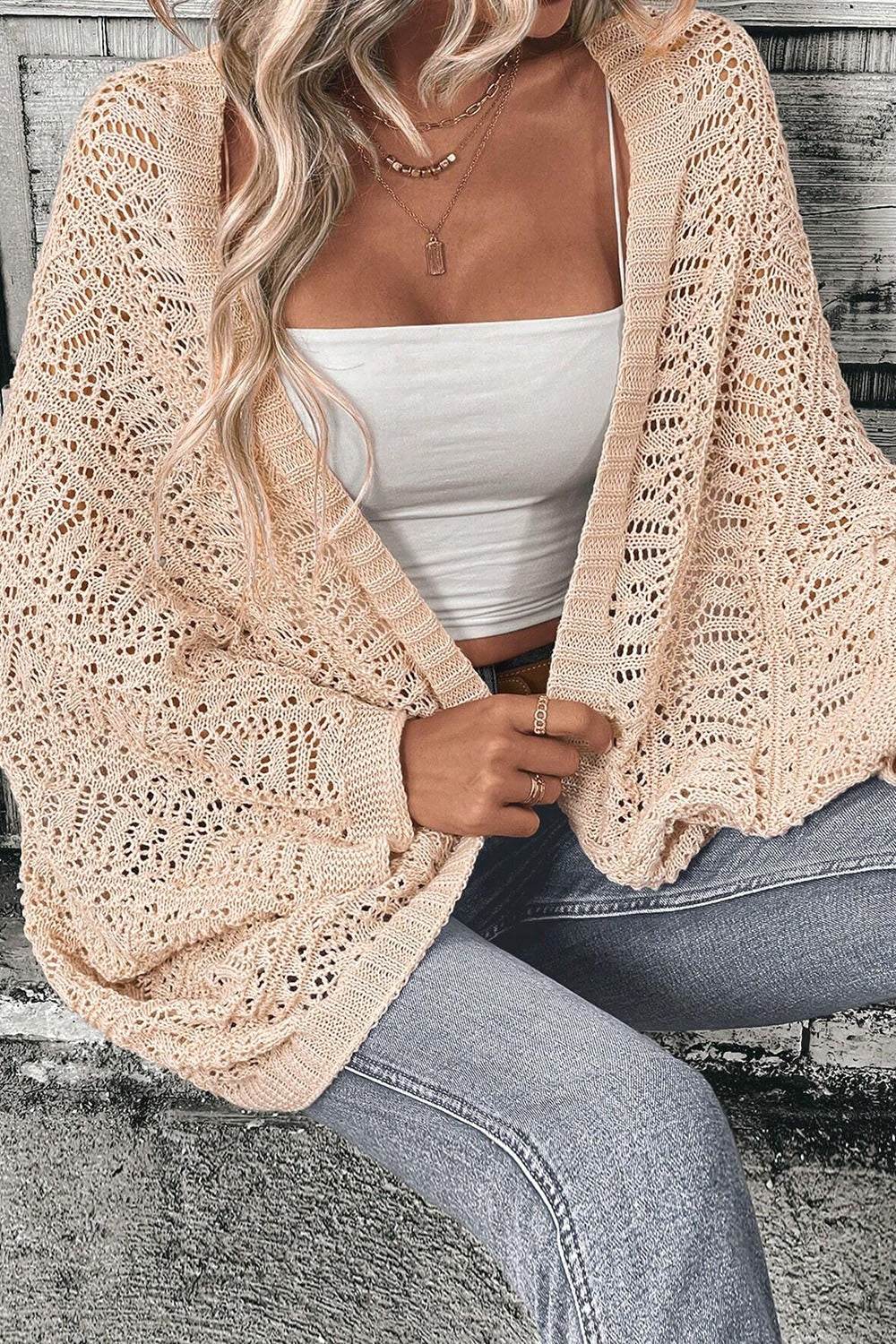 Openwork Open Front Long Sleeve Cardigan - Amexza