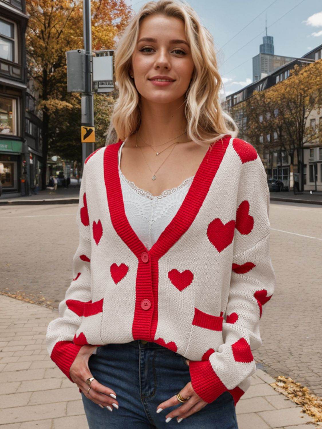 Heart Button Up Dropped Shoulder Long Sleeve Cardigan Beige for a perfect OOTD – dress to impress outfits from Amexza