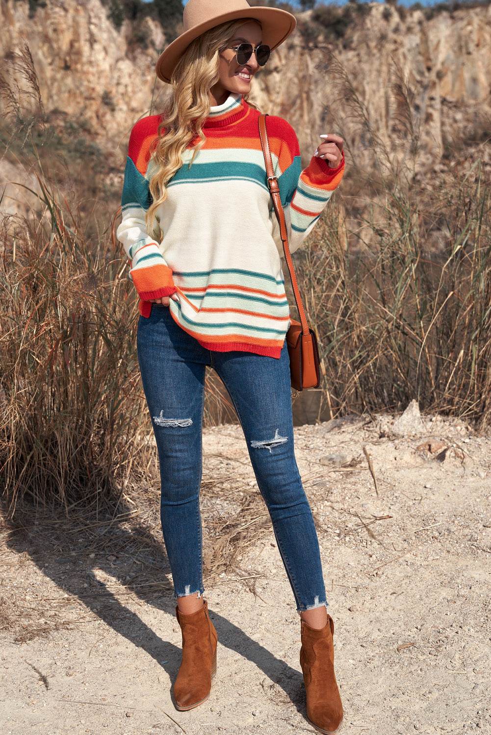 Woven Right Striped Turtleneck Drop Shoulder Sweater - Amexza