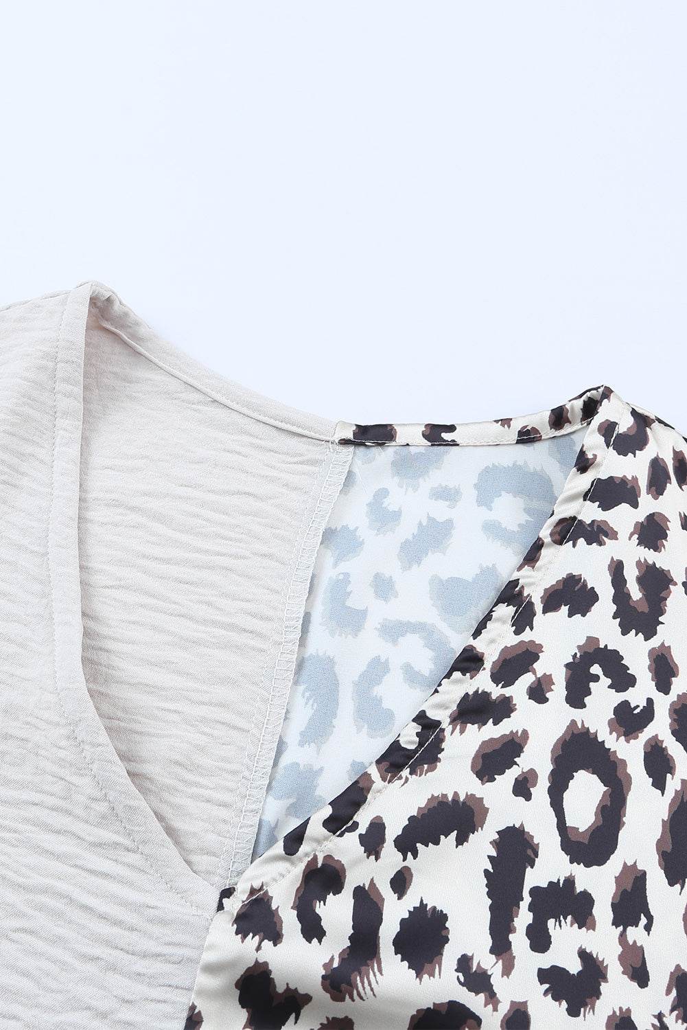 Leopard Color Block V-Neck Blouse - Amexza