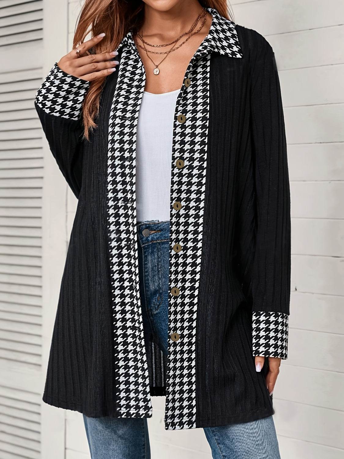 Houndstooth Button Up Long Sleeve Cardigan for a perfect OOTD – dress to impress outfits from Amexza