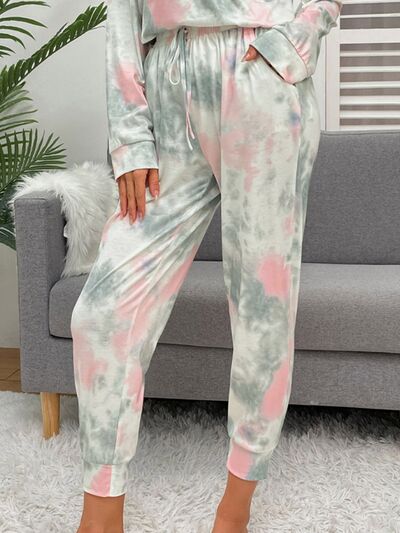 Shiny Tie-Dye Round Neck Top and Drawstring Pants Lounge Set for a perfect OOTD – dress to impress outfits from Amexza