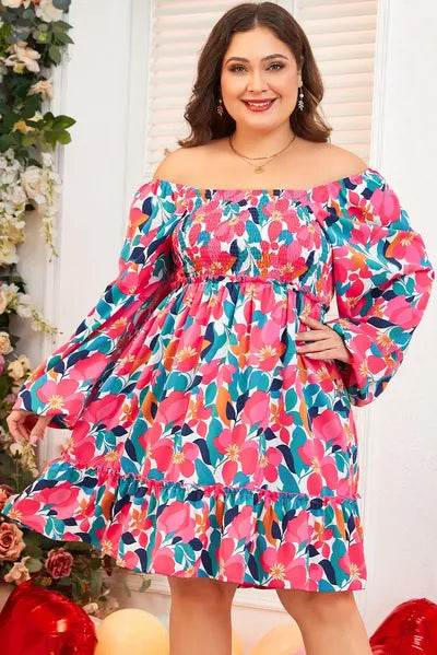 Plus Size Smocked Floral Square Neck Balloon Sleeve Dress for a perfect OOTD – dress to impress outfits from Amexza