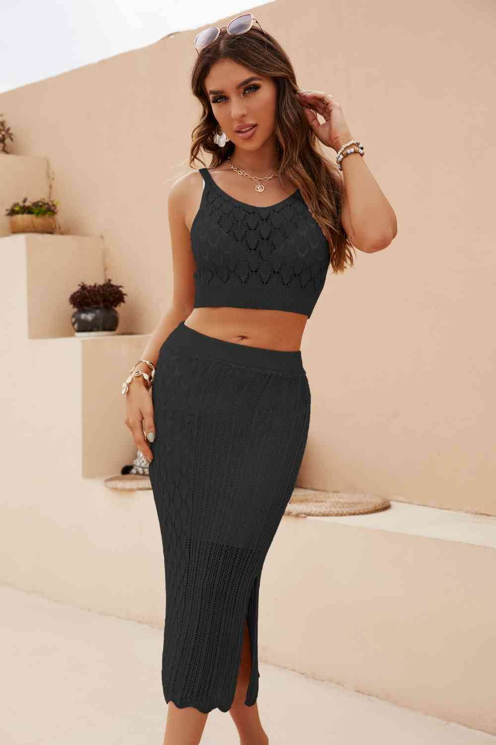 Openwork Cropped Tank and Split Skirt Set - Amexza