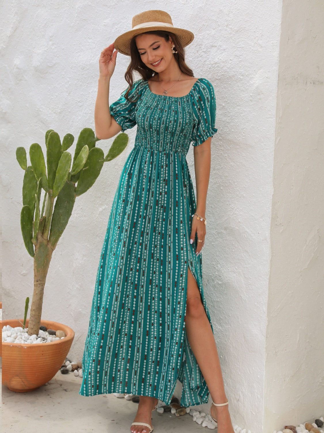 Slit Printed Short Sleeve Dress - Teal / S