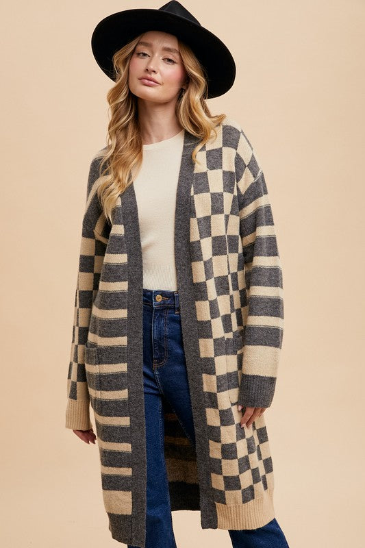 Annie Wear Checkered & Striped Open Front Long Sleeve Cardigan Dark Gray for a perfect OOTD – dress to impress outfits from Amexza