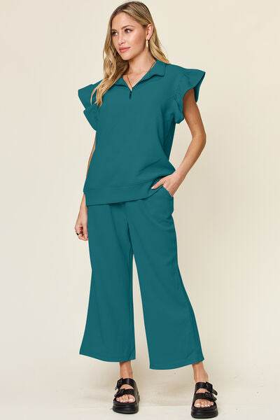 Double Take Texture Ruffle Short Sleeve Top and Drawstring Wide Leg Pants Set Deep Teal for a perfect OOTD – dress to impress outfits from Amexza