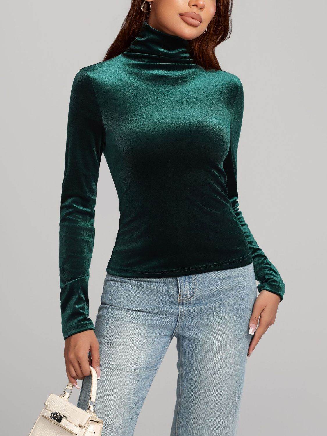 Solid Color Turtleneck Long Sleeve Top for a perfect OOTD – dress to impress outfits from Amexza