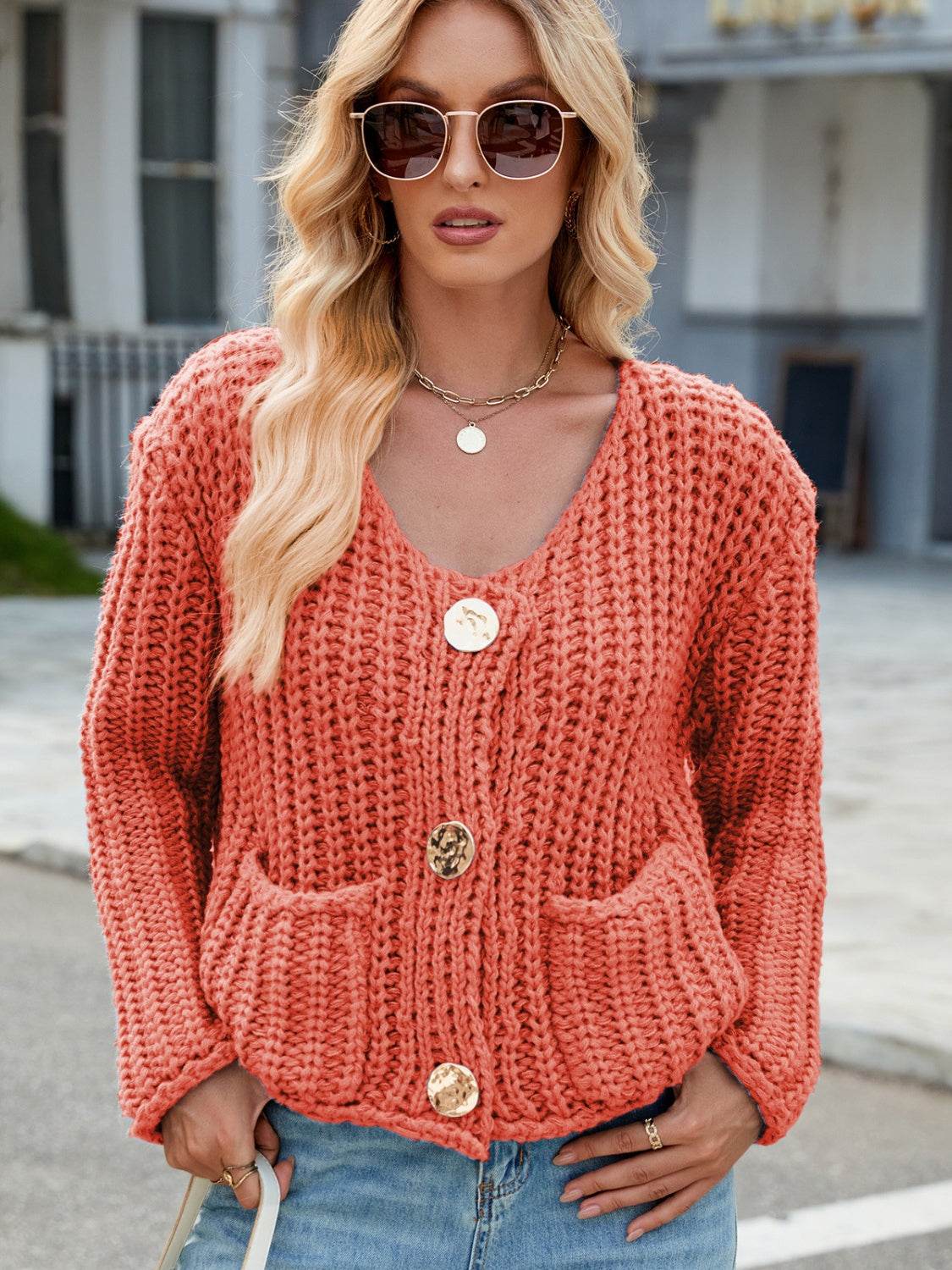 Round Neck Button Up Cardigan with Pockets - Amexza