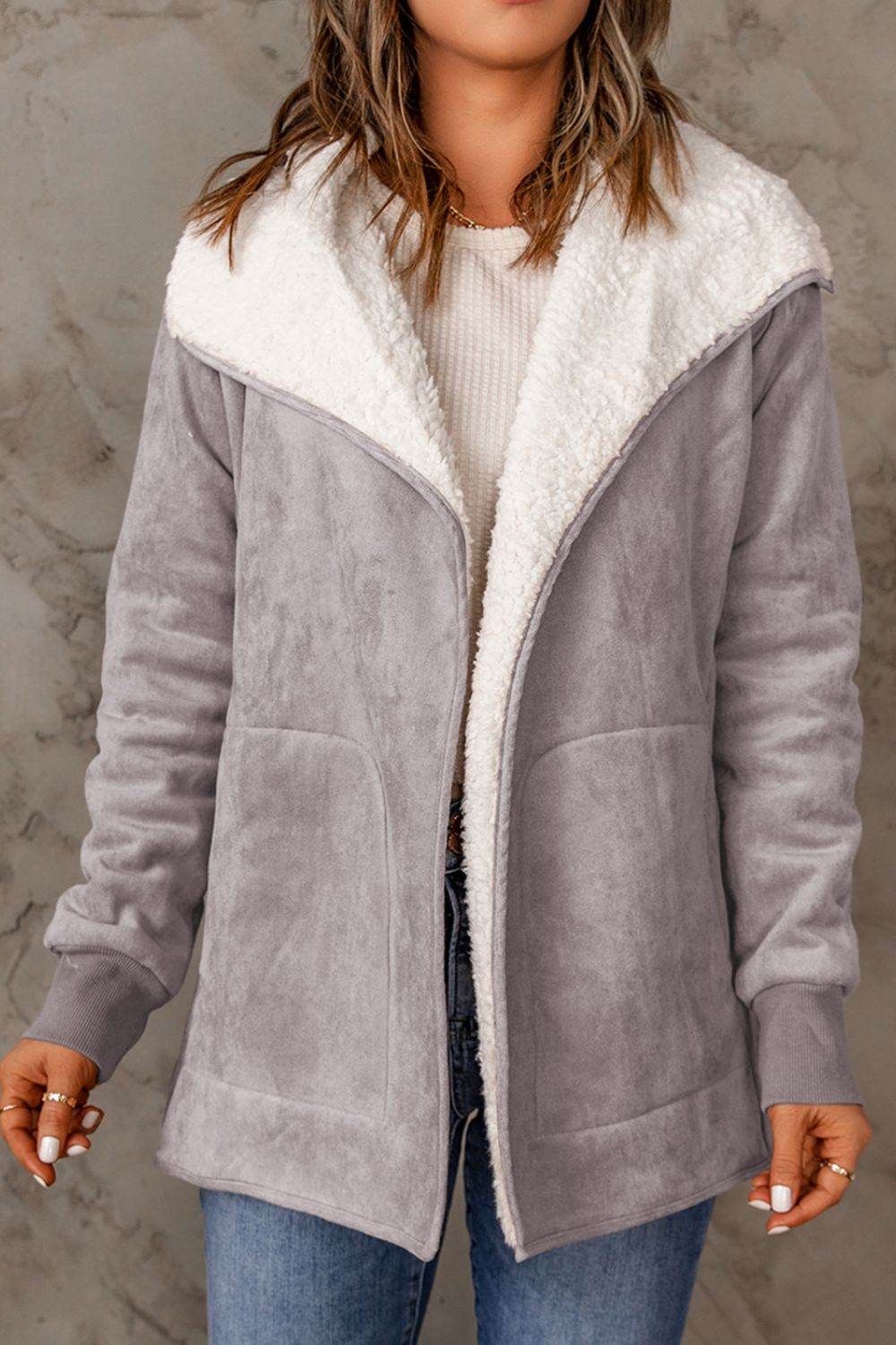 Open Front Long Sleeve Sherpa Jacket Gray for a perfect OOTD – dress to impress outfits from Amexza