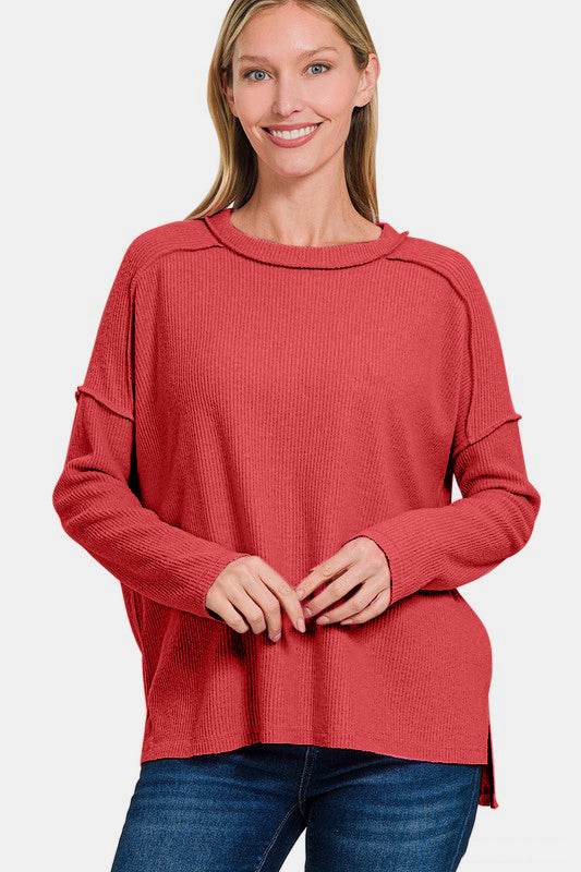 Zenana Full Size Exposed Seam Brushed Round Neck Sweater for a perfect OOTD – dress to impress outfits from Amexza