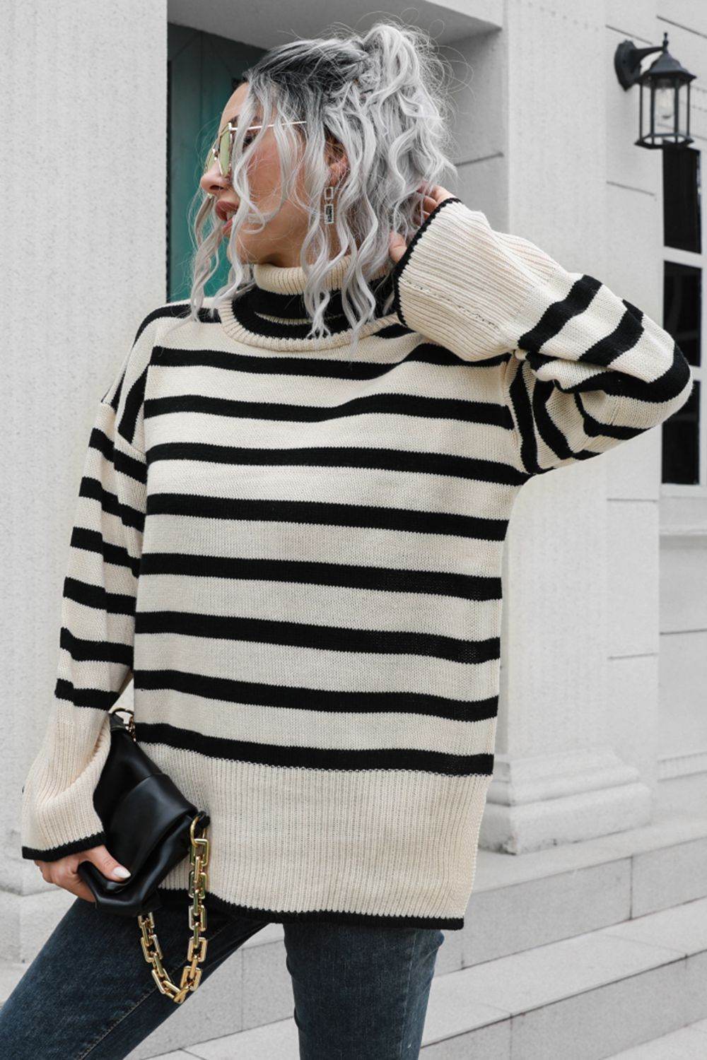 Striped Turtleneck Drop Shoulder Sweater - Amexza