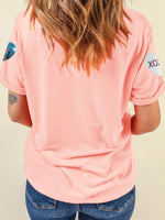 Valentine’s Day Sequin Heart Round Neck Short Sleeve T-Shirt - Amexza