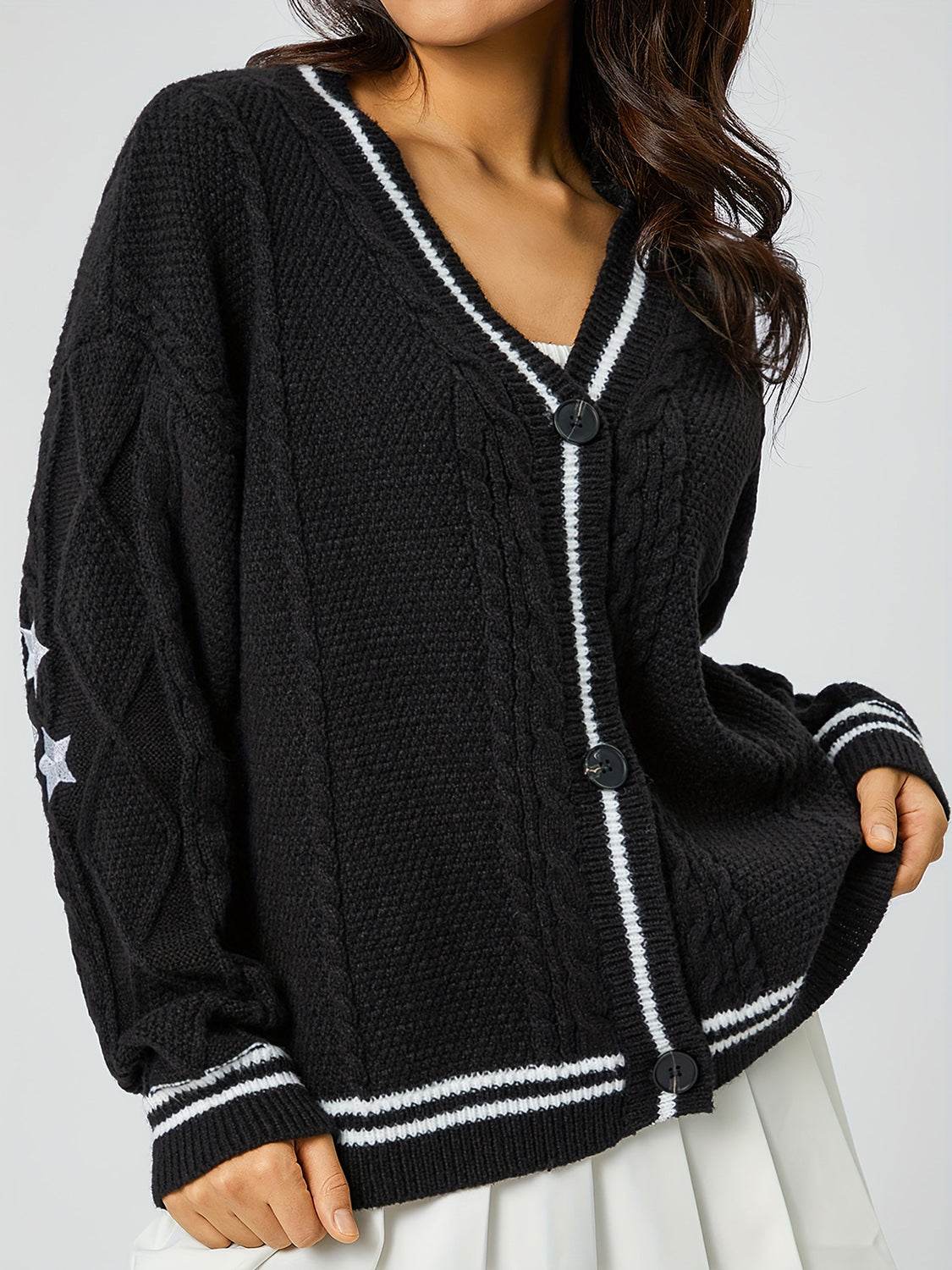 Star Embroidered V-Neck Long Sleeve Cardigan Black One Size for a perfect OOTD – dress to impress outfits from Amexza