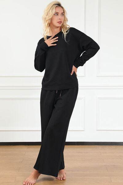 Double Take Full Size Textured Long Sleeve Top and Drawstring Pants Set for a perfect OOTD – dress to impress outfits from Amexza