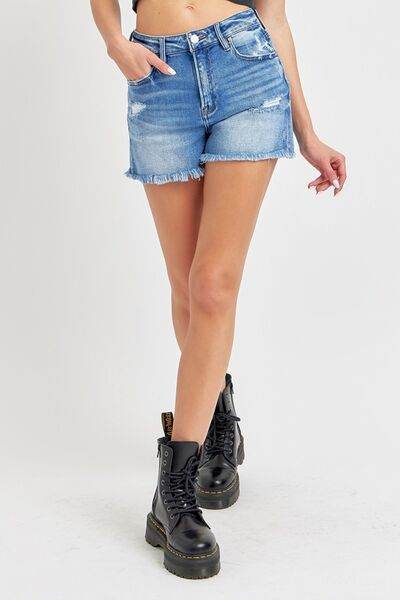 RISEN Full Size High Rise Distressed Raw Hem Denim Shorts for a perfect OOTD – dress to impress outfits from Amexza