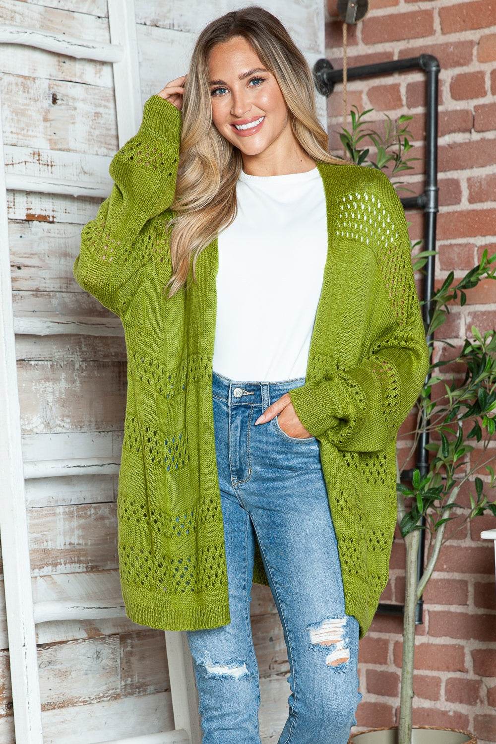 Openwork Open Front Long Sleeve Cardigan Matcha Green for a perfect OOTD – dress to impress outfits from Amexza