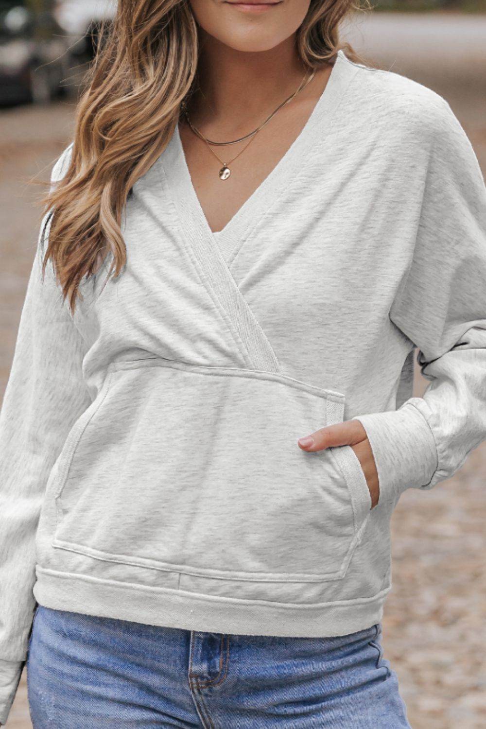 Surplice Long Sleeve Sweatshirt with Pocket - Amexza