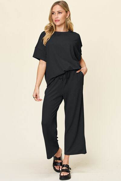 Double Take Full Size Texture Round Neck Short Sleeve T-Shirt and Wide Leg Pants Black for a perfect OOTD – dress to impress outfits from Amexza