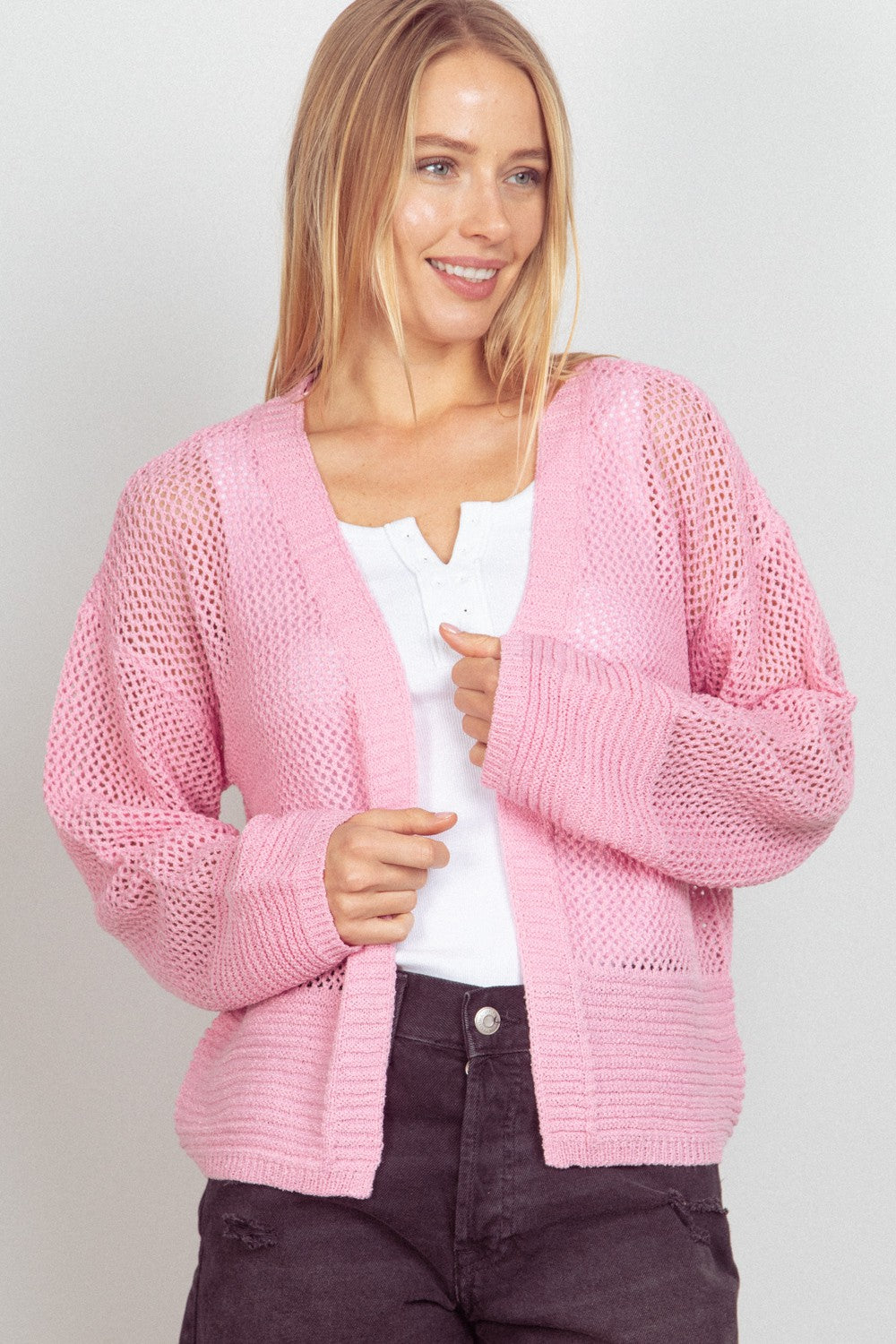 VERY J Eyelet Open Front Long Sleeve Cardigan PINK for a perfect OOTD – dress to impress outfits from Amexza