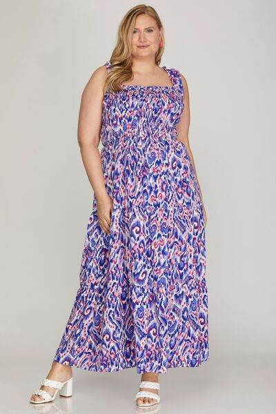 She + Sky Full Size Smocked Printed Wide Strap Tiered Dress Plus Size for a perfect OOTD – dress to impress outfits from Amexza