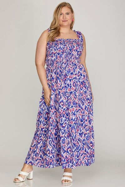 She + Sky Full Size Smocked Printed Wide Strap Tiered Dress Plus Size for a perfect OOTD – dress to impress outfits from Amexza