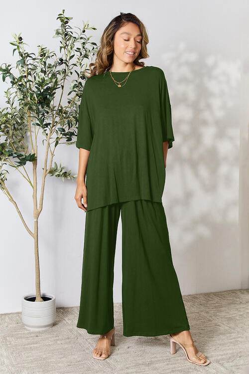 Double Take Full Size Round Neck Slit Top and Pants Set Army Green for a perfect OOTD – dress to impress outfits from Amexza