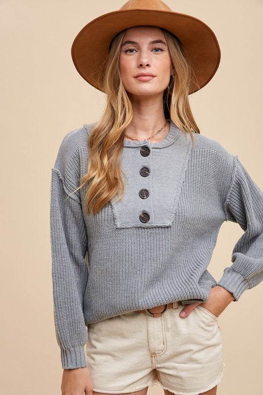 Annie Wear Half Button Ribbed Hem Sweater - Amexza