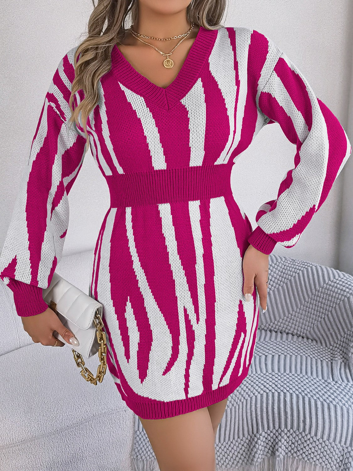 Animal Print V-Neck Long Sleeve Sweater Dress for a perfect OOTD – dress to impress outfits from Amexza