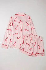 Candy Cane Collared Neck Long Sleeve Top and Shorts Lounge Set for a perfect OOTD – dress to impress outfits from Amexza